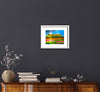 Adventure Awaits. A fine art print of Benbulben in a white frame on a blue wall by Irish artist Francis Leavey