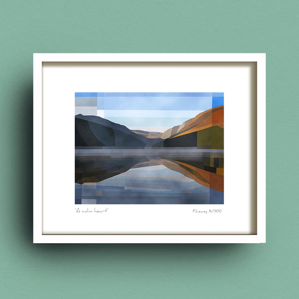 Fine art print of the Upper lake at Glendalough in white frame by Irish artist Francis Leavey