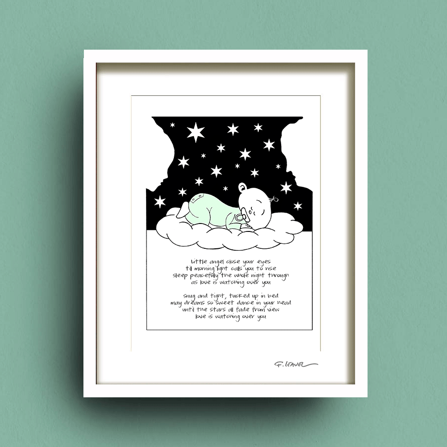 Watching Over You. Art Print for baby by Francis Leavey. White frame